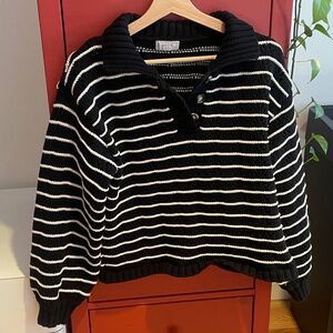 SAGE THE LABEL STRIPED BUTTON-UP SWEATER